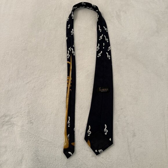 Florence Ltd Silk Necktie Navy White Clefs & Golden Musical Horn Tie - Picture 3 of 5